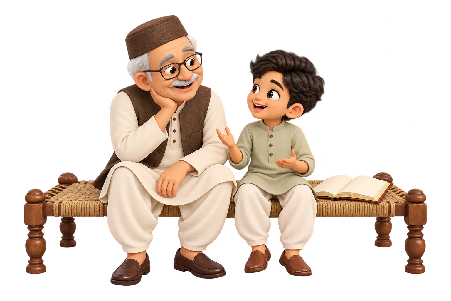 Dada talking with his grandson on a charpai